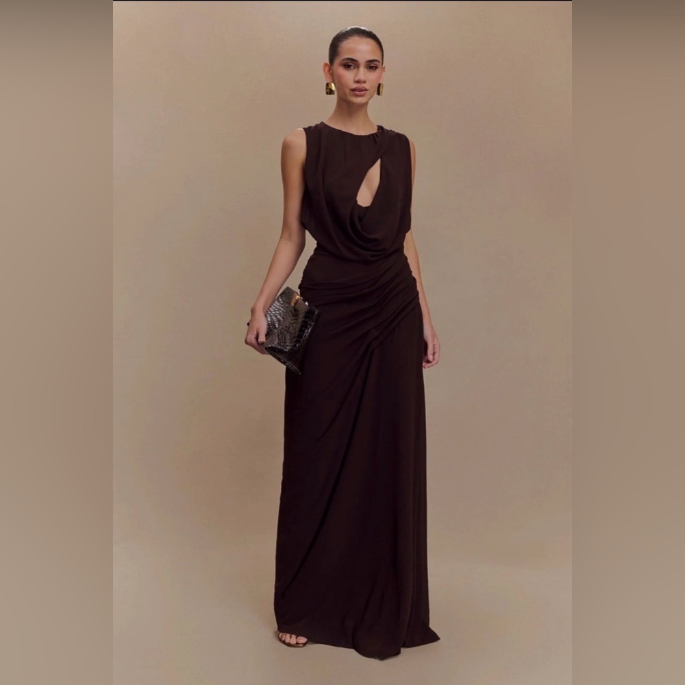 Meshki Dark Brown Sleeveless Maxi Dress with Front Keyhole